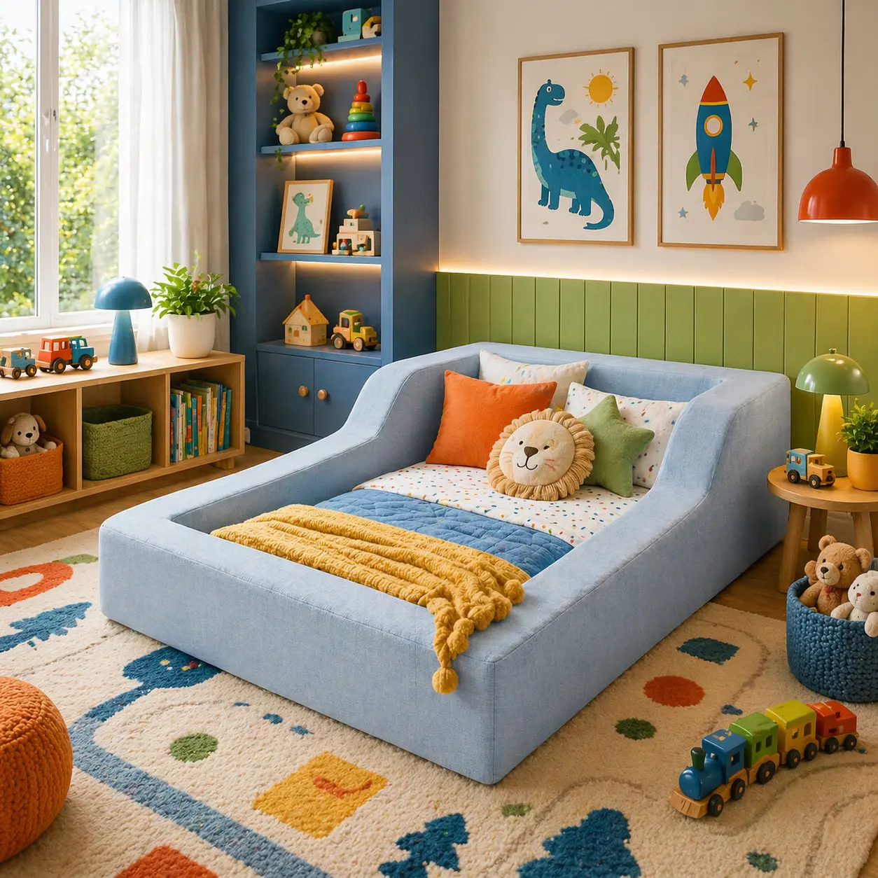 Mini cama montessoriana azul em quarto infantil