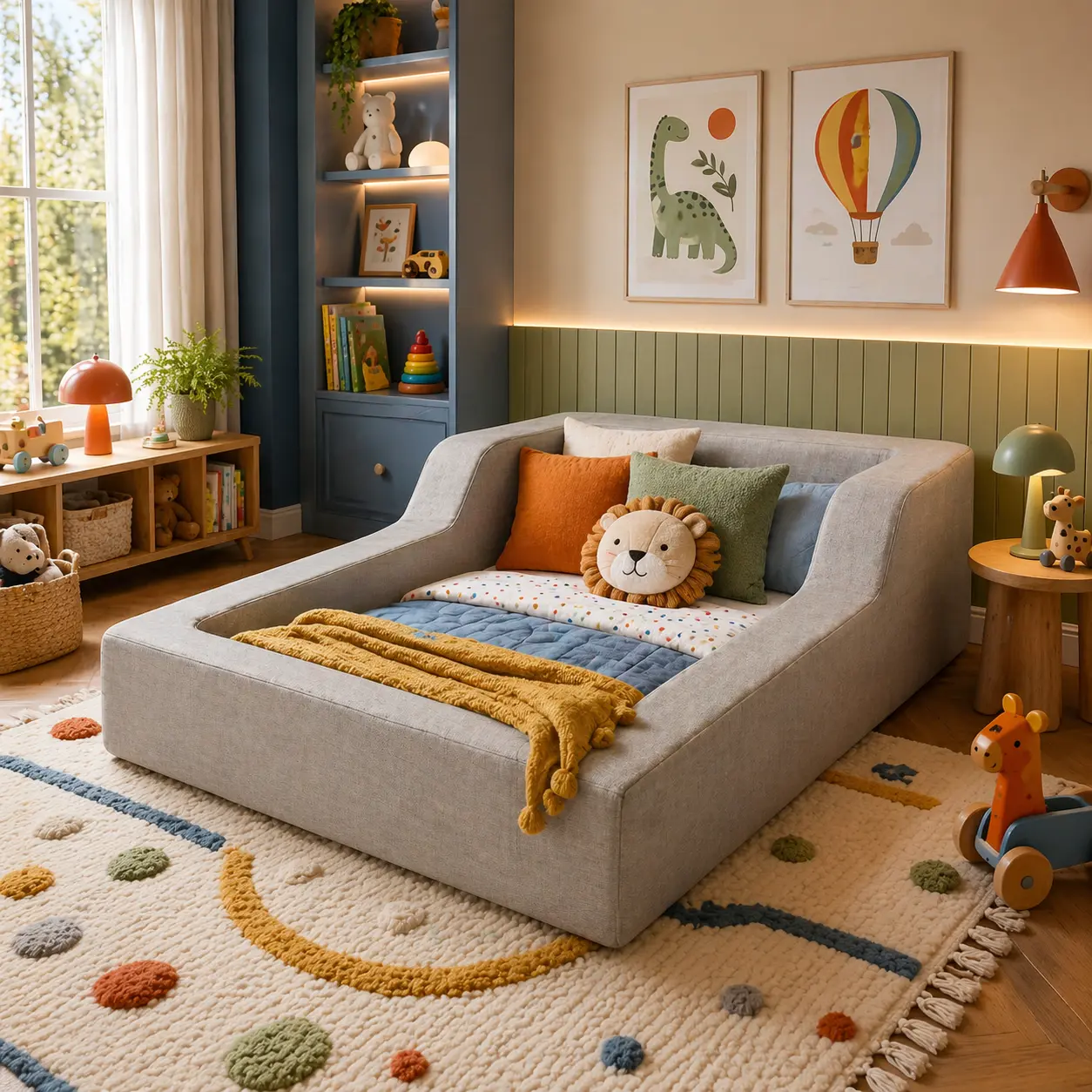 Mini cama montessoriana cinza em quarto infantil