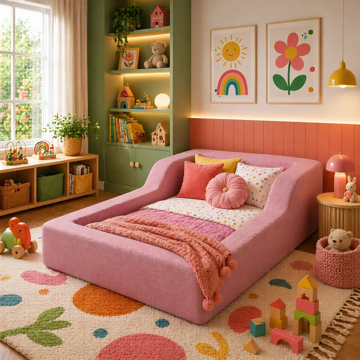 Mini cama montessoriana rosa em quarto infantil